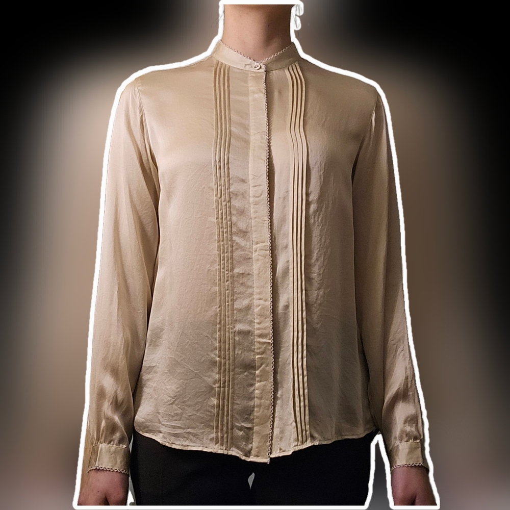 100% Silk Ines de la Fressange x Uniqlo Stand Collar Long Sleeve Blouse